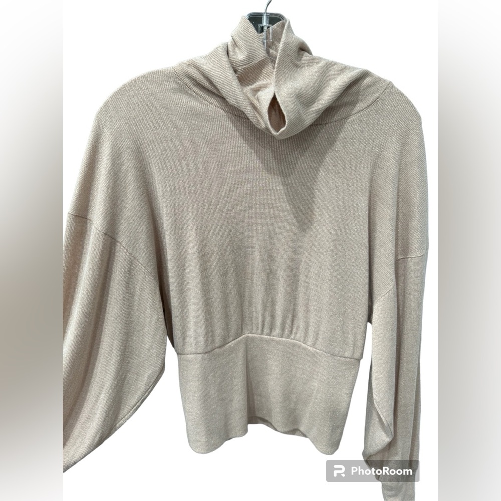 Free People Tan Cream Metallic Glam Sparkle Turtleneck Blouse Top Size XS